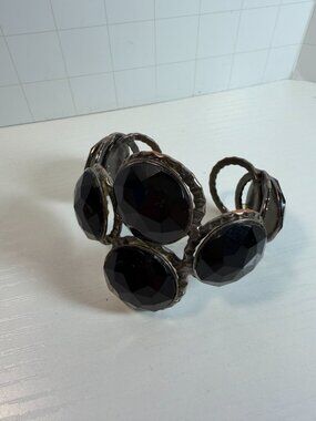 Silver Metal and Black Stone Cuff Bracelet